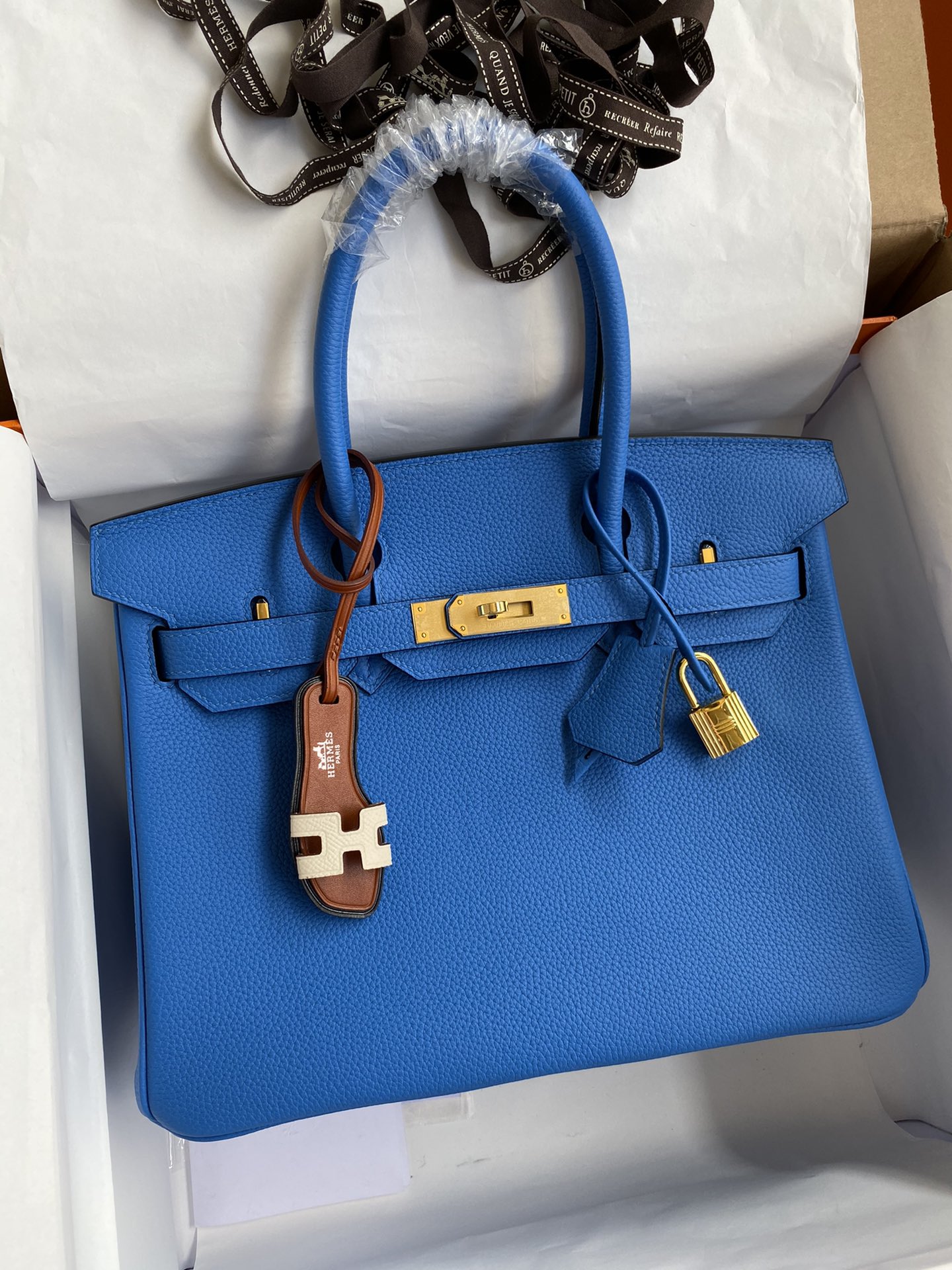 Hermes Birkin 30CM Togo Leather Handbag Blue Hydra